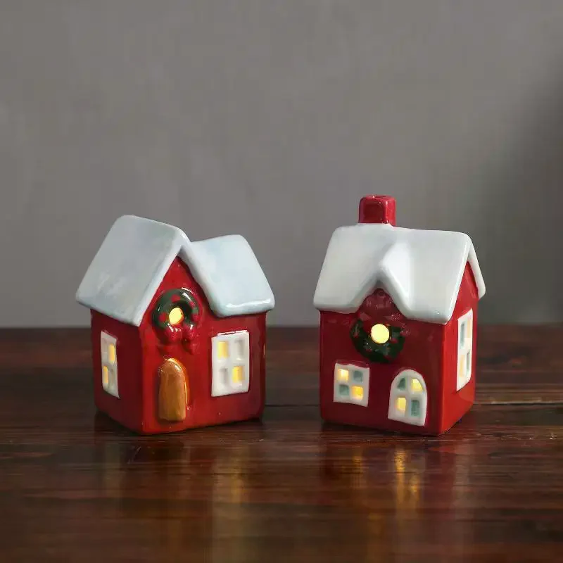 Christmas Desktop Red And White Color Ceramic Glowing Village House LED Light Up Porcelains Statue Figurine Festival Home Decor