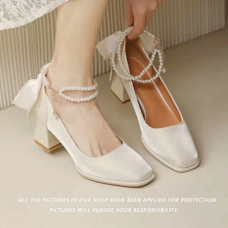 2024 New Women High Heels Silk Mary Jane Shoes Party Wedding Dress Shoe Bowknot Princess Lolita Pumps Square Toe Bridal Heels