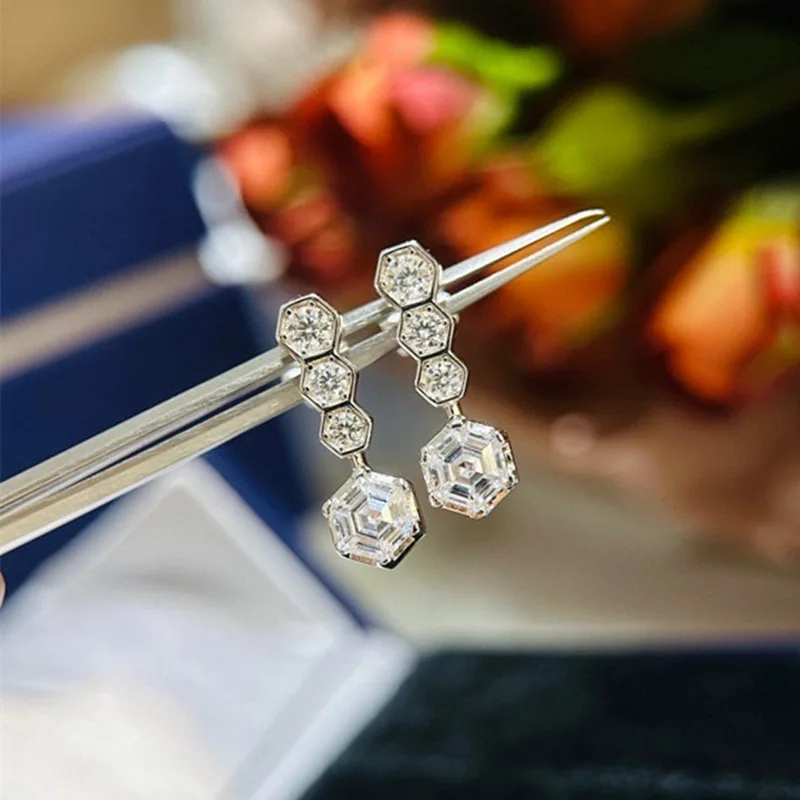 S925Silver Seiko High-Grade Honeycomb Hexagonal Artificial Earrings Four Diamond Tassel Stud Earringsins