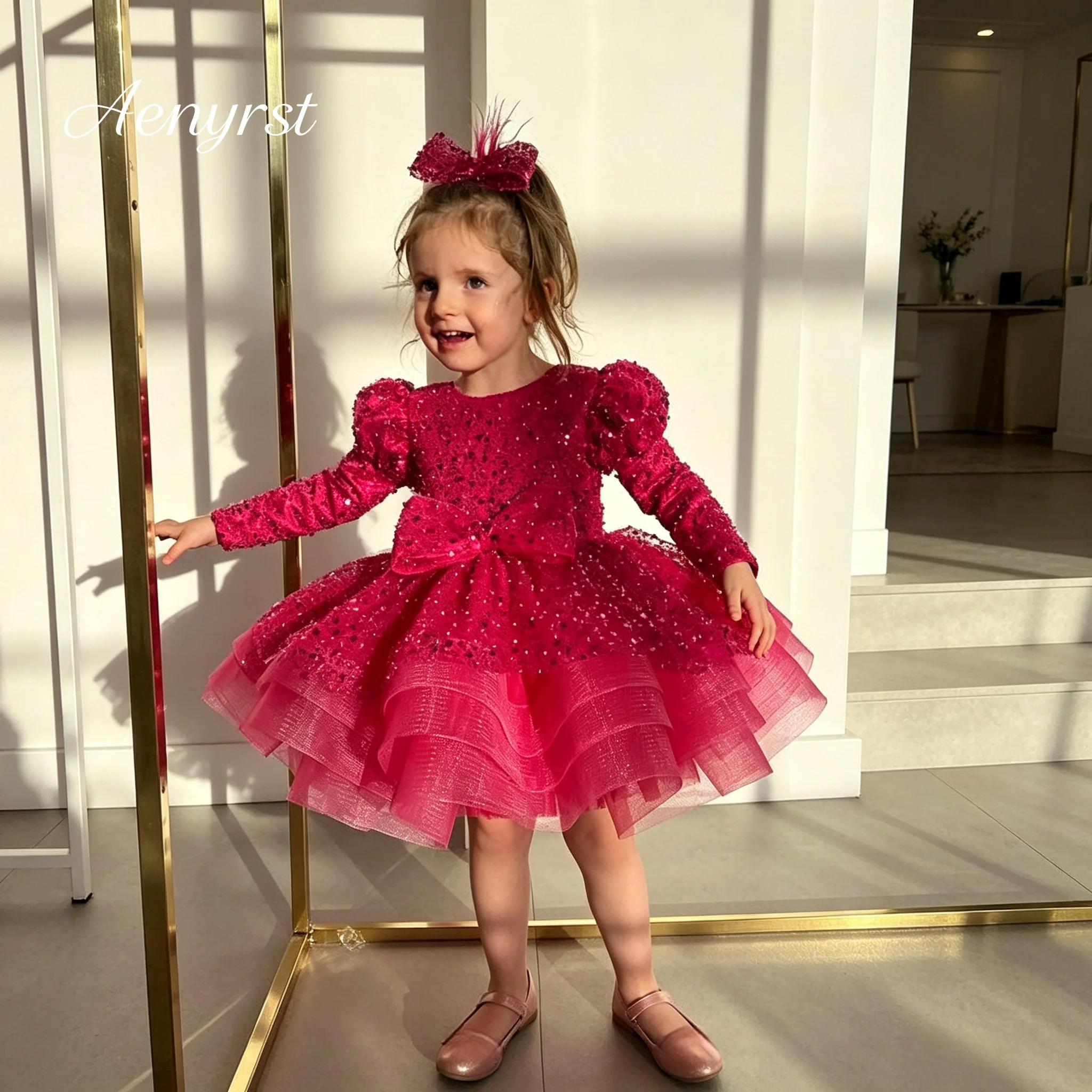 Glamorous Sequin Kids Formal Gown Round Neck Puff Long Sleeve Big Bow Multi‑Ruffle Tulle Short Dress For Birthday Party