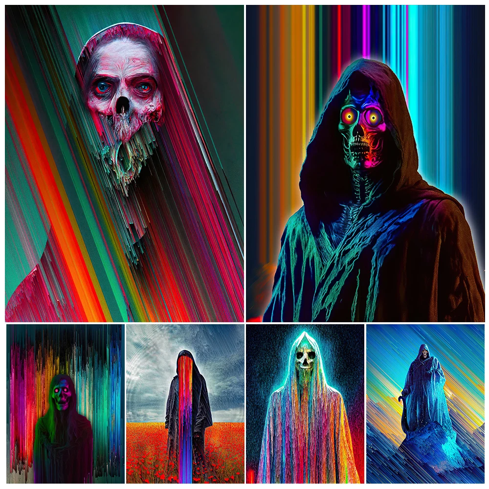 

The Colorful Colors And The Skeleton Death God Vintage Wall Art Canvas Painting Abstract Horror Gothic Art Poster Print Decor