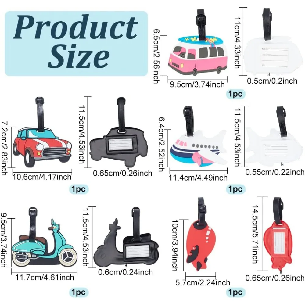 5 Styles Travel Luggage Tags, Cartoon Style Vehicle Suitcase Name Tags Identify Baggage Label with Adjustable Plastic Loop