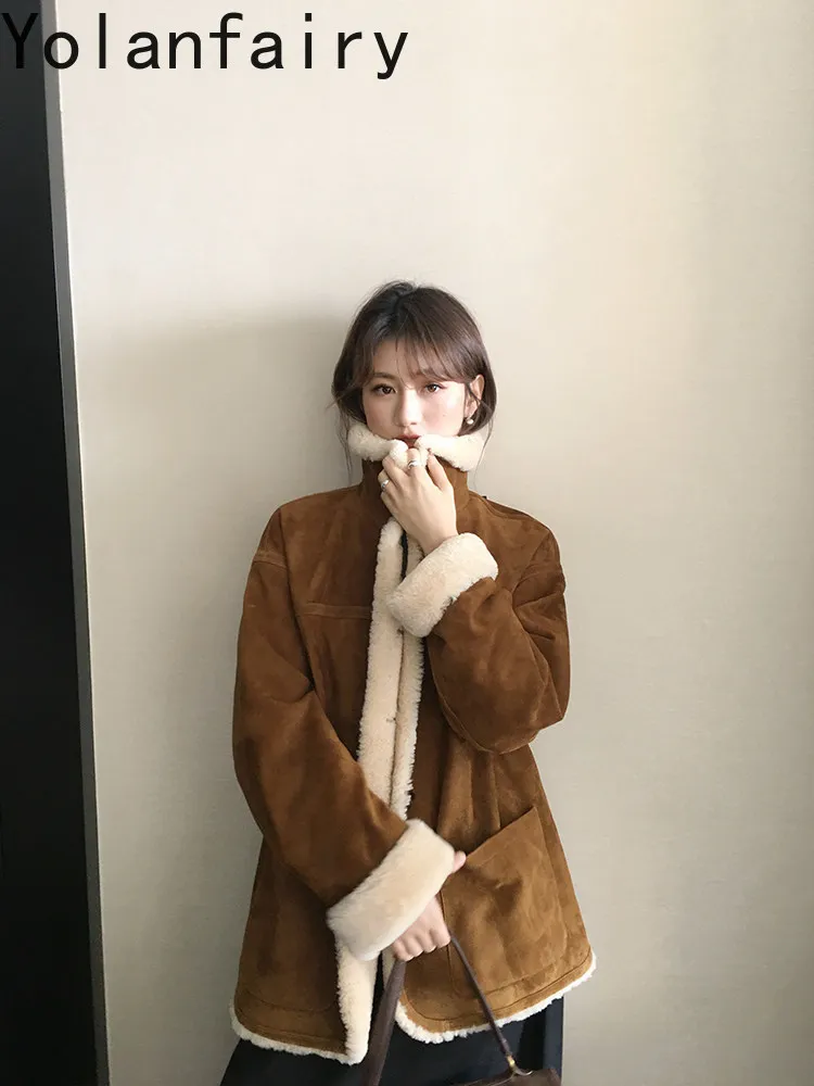 YOLANFAIRY Fashion Young Suede Genuine Goatskin Leather Jacket Women Mid-long Warm White Goose Down Leather Coat Elegant Winter
