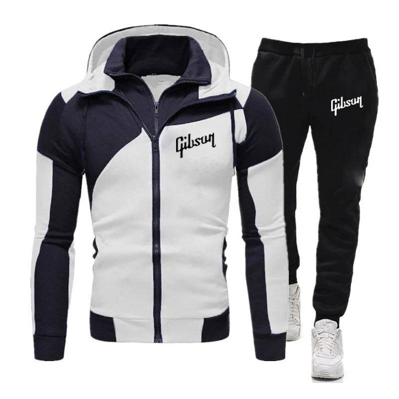 2024 Gibson Print Nieuwe Diagonale Rits Mannen Mode Trainingspak Hoodie Comfortabele Casual Sweatshirts + Broek Pak