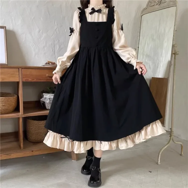 

Korean Fashion High Waist Black Strap Dresses 2026 Autumn New Long Sleeve Apricot Dress for Womenn Y2k Two Piece Sets