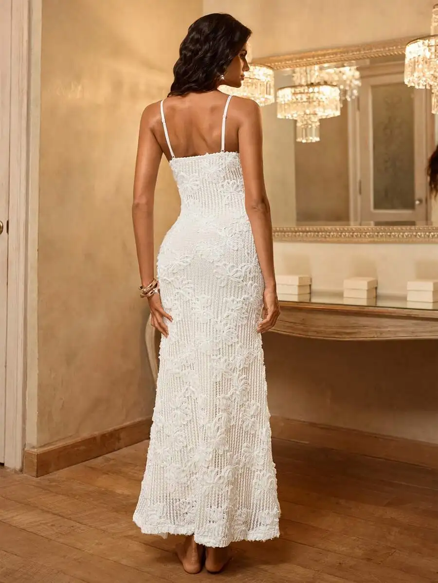 

White Floral Knit Fitted Maxi Dress With Slit Elegant Bohemian Evening Gown