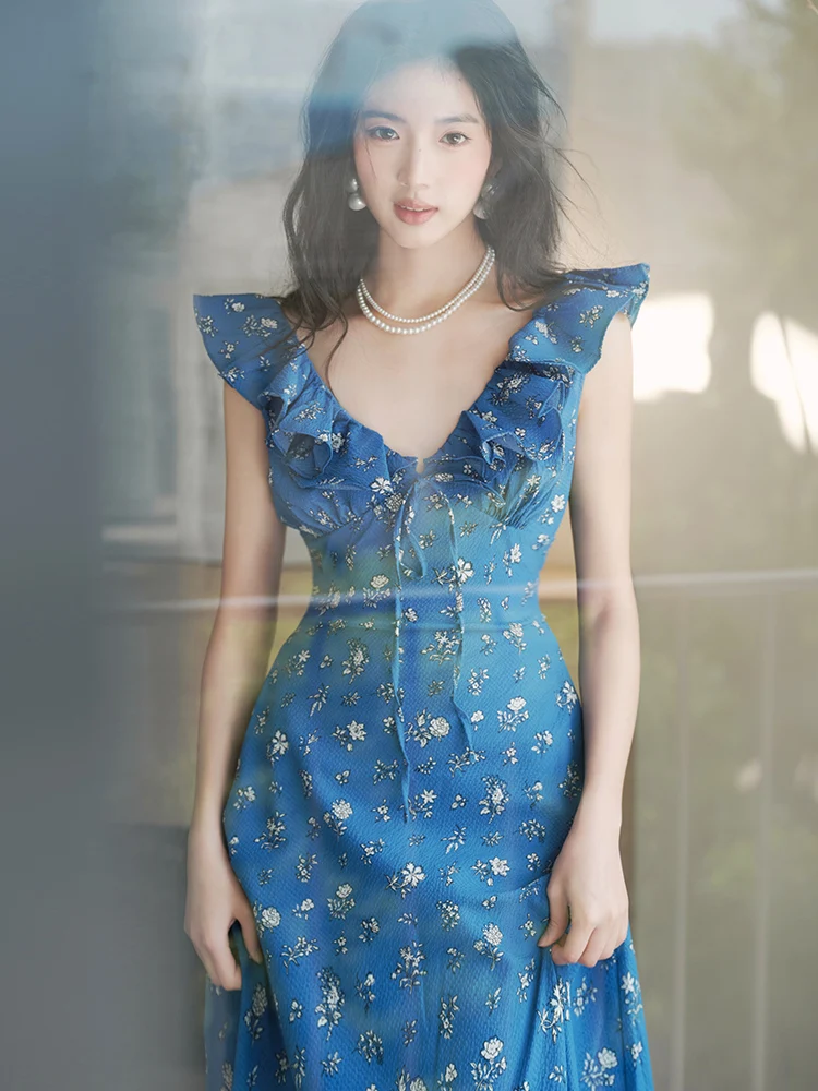 

Летнее романтическое женское синее платье в ретро-французском стиле с принтом гибискуса, длинное пляжное платье с рукавами-крылышками для отпуска и праздников