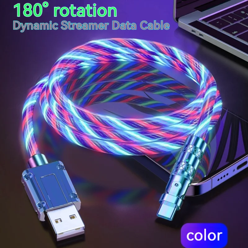 6A Glowing Cable Micro USB Type C Cable Fast Charging For Huawei Xiaomi LED light Charger Flowing Streamer USB C Cord Rotation