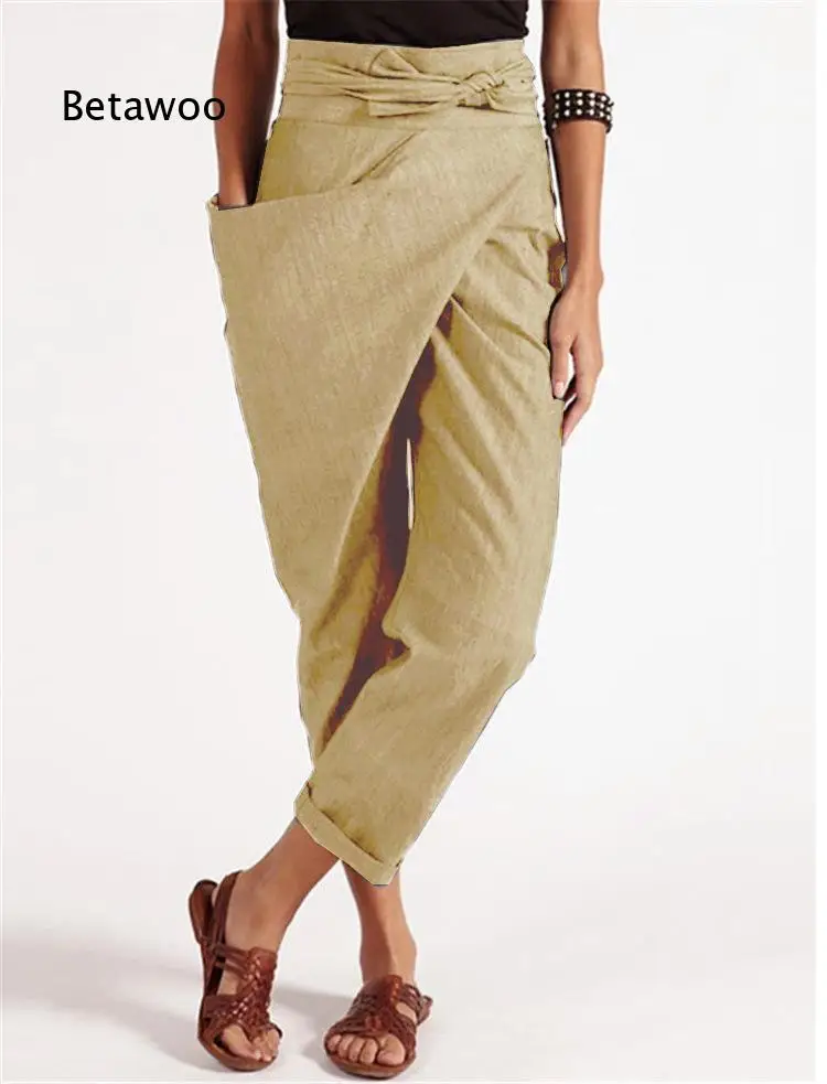 Women Casual Cropped Wide Leg Pants Irregular Hem With Side Tie Design Loose Trousers Stylish Bottoms Suitable For Daily Walkin