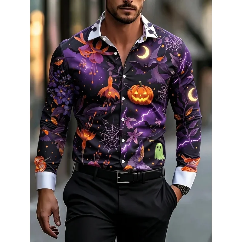 Men's Navy Galaxy Flame Halloween Pumpkin Ghost Print Long Sleeve Shirt Turn Down Collar Casual Button Shirts
