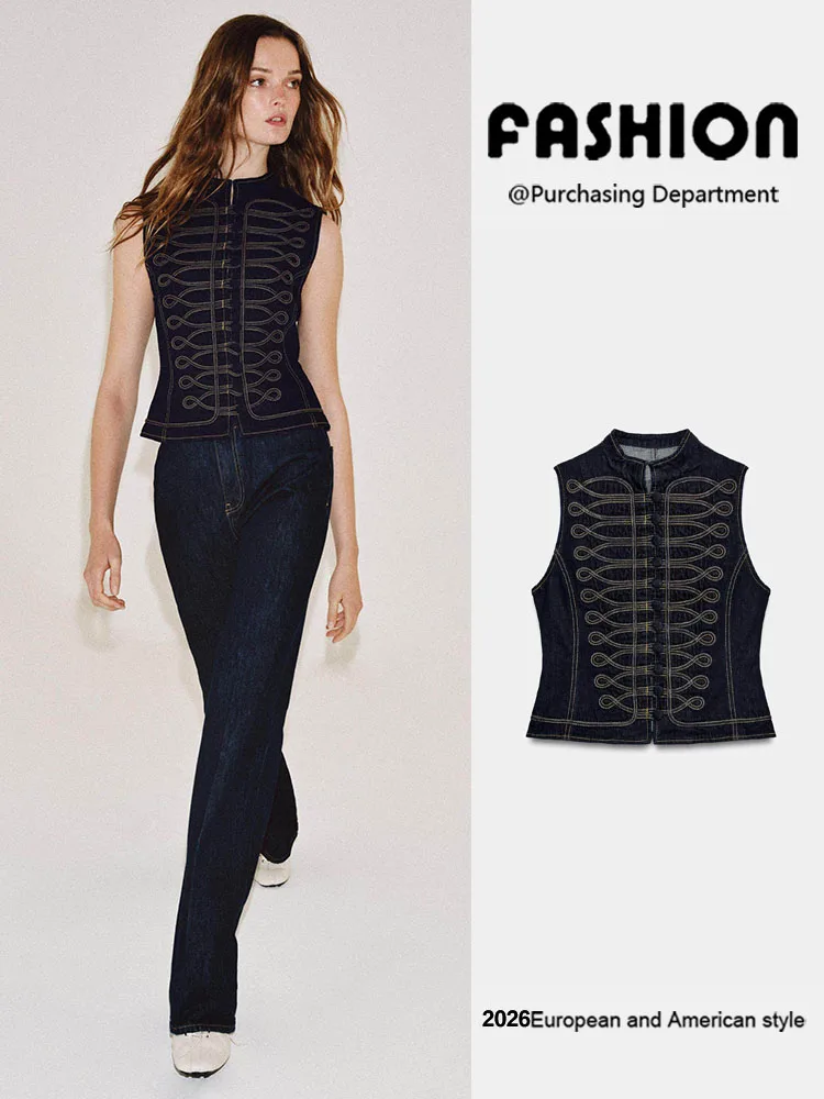 Fashionable Summer New Arrival Women's Sleeveless Knot T-Shirt Denim Vest Top Regular Length Single Button Closure