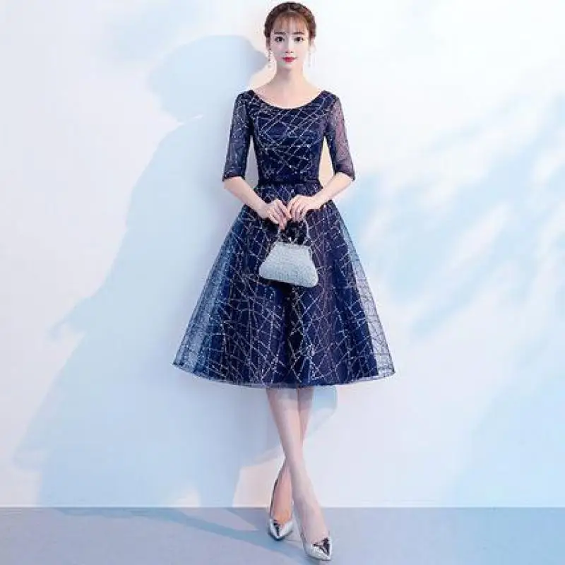 

Classic O-neck Short Evening Dresses With Half Sleeve Dark Blue Sequin Tulle Vestido De Festa Elegant A Line Sukienki Wieczorowe