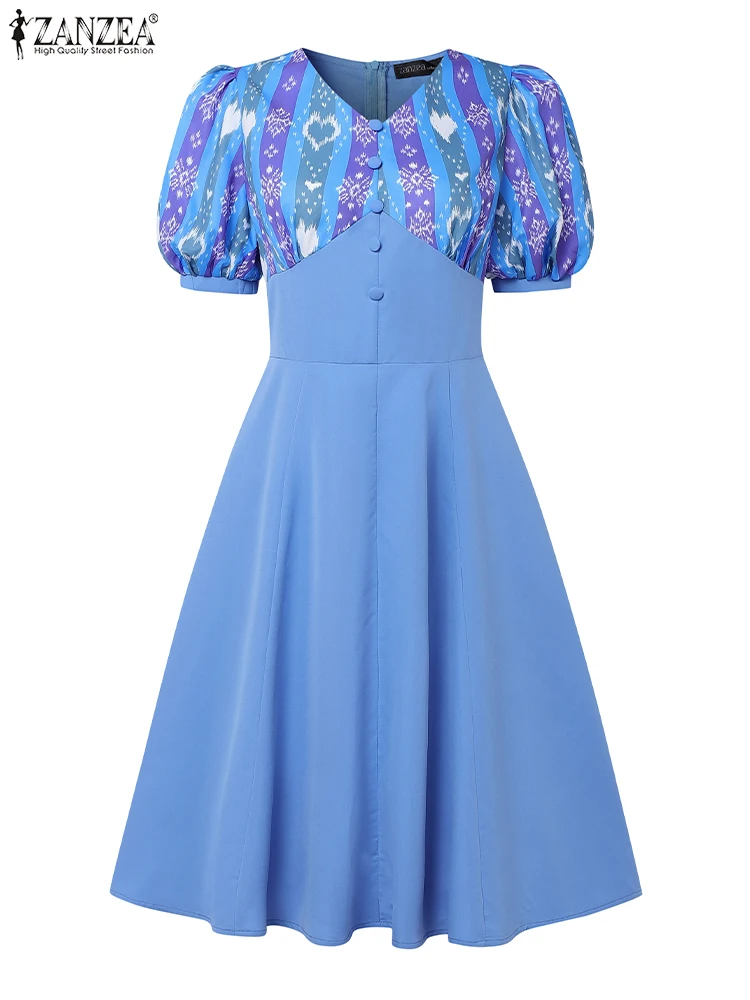 ZANZEA Bohemian Ikat Print Patchwork High Waisted A-Line Dresses Women Elegant V-Neck Short Puff Sleeve Knee-Length Robes Femme