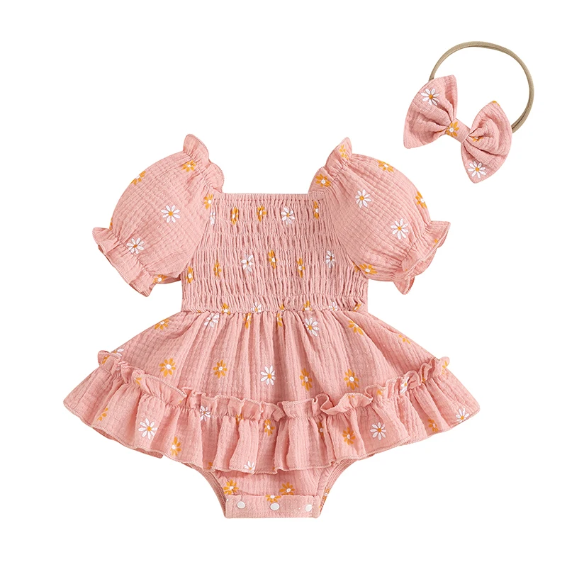 

Baby Girls Daisy Romper Bowknot Bodysuit Headband Short Sleeve Playsuits Floral Jumpsuit Infant Summer Clothes