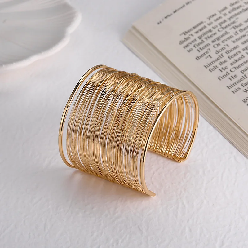 Vintage Punk Layered Wide Wire Cuff Bangle Bracelets for Women Exaggerated Gold Silver Color Metal Bangle Female Trendy Jewelry