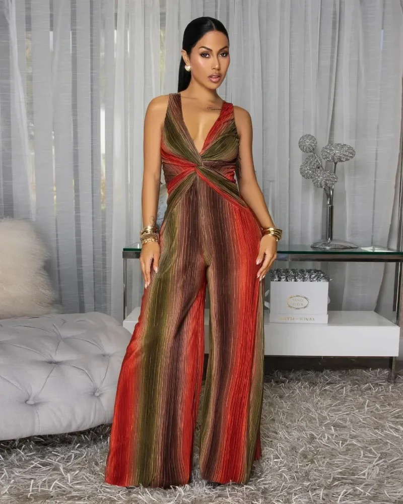 

GUWU Print Sexy Sleeveless Deep V Neck High Waist Ruched Slim Wide Leg Jumpsuits Casual Loose Women's Jumpsuit