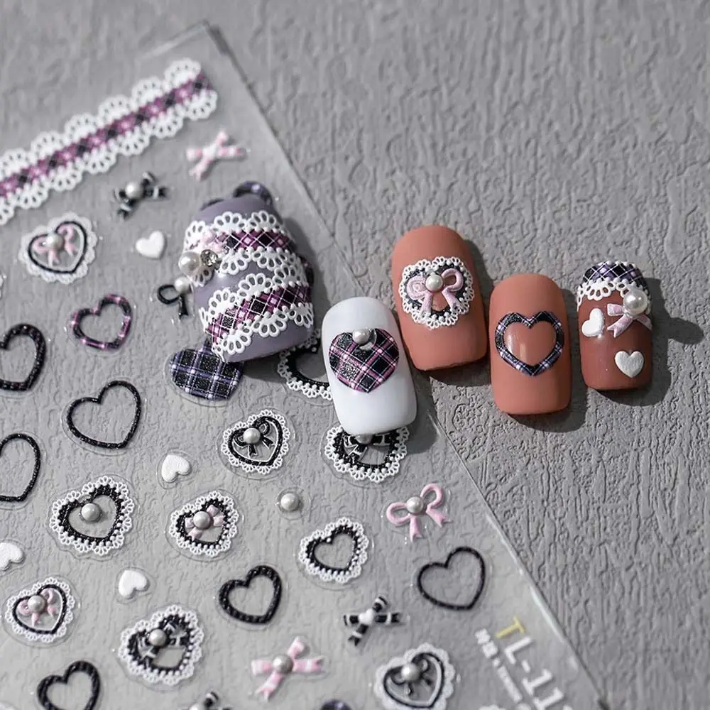 

Pink White Black Lace Lace Bow Nail Stickers Pearl Bow Stickers Love Heart Bowknot Nail Decals Nail Accessories