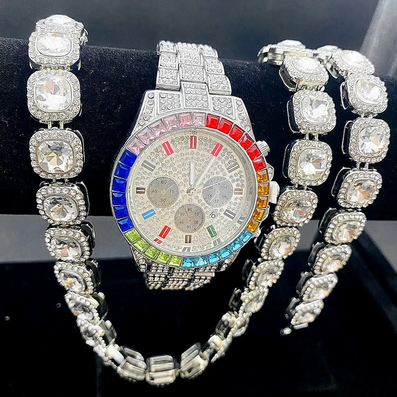 3PCS Iced Out Watch Bracelet Necklaces for Men Women Couple Colour Gold Watch Cubana Chain CZ Bling Jewelry Set for Men Watches