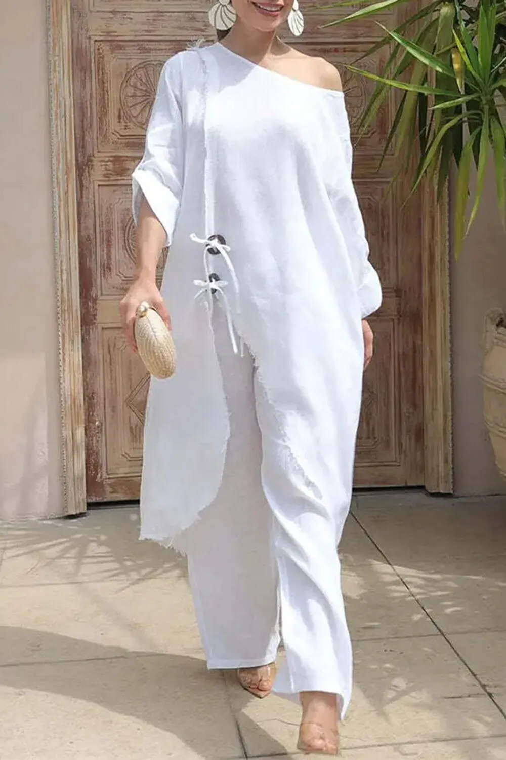 

Plus Size Vacation White Casual Oblique Collar Half Sleeve Asymmetric Hem Pocket Linen Two Piece Pant Sets