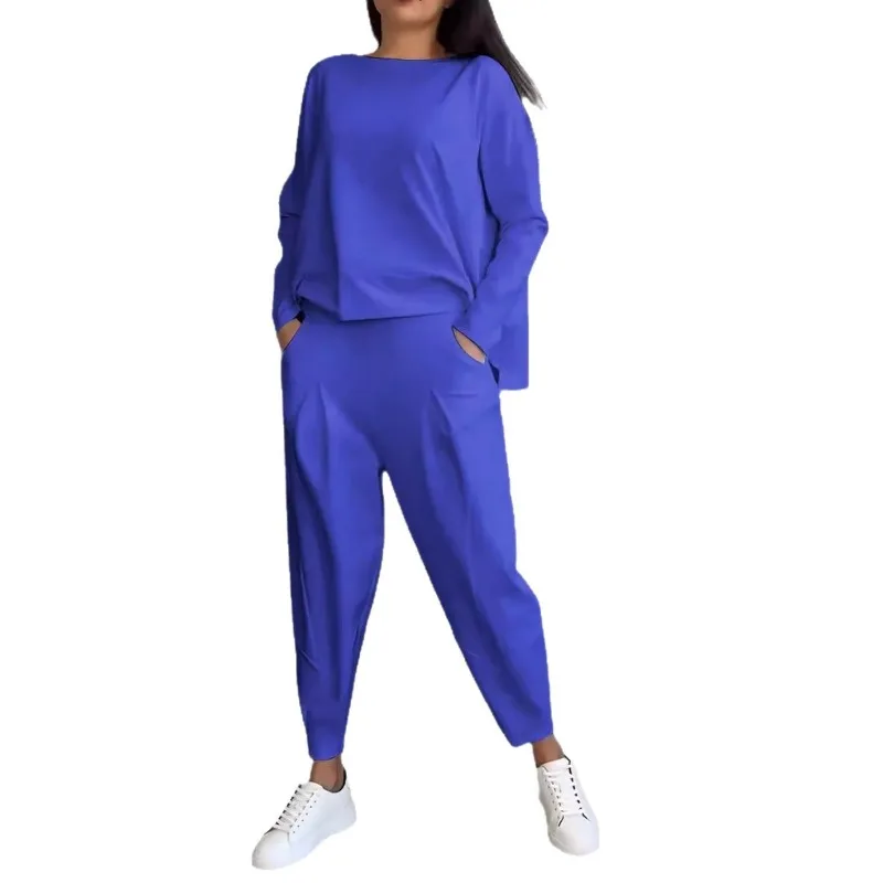 Women Solid Round Neck Long Sleeve Top And Jogger Pants Two Piece Casual Outfit Set