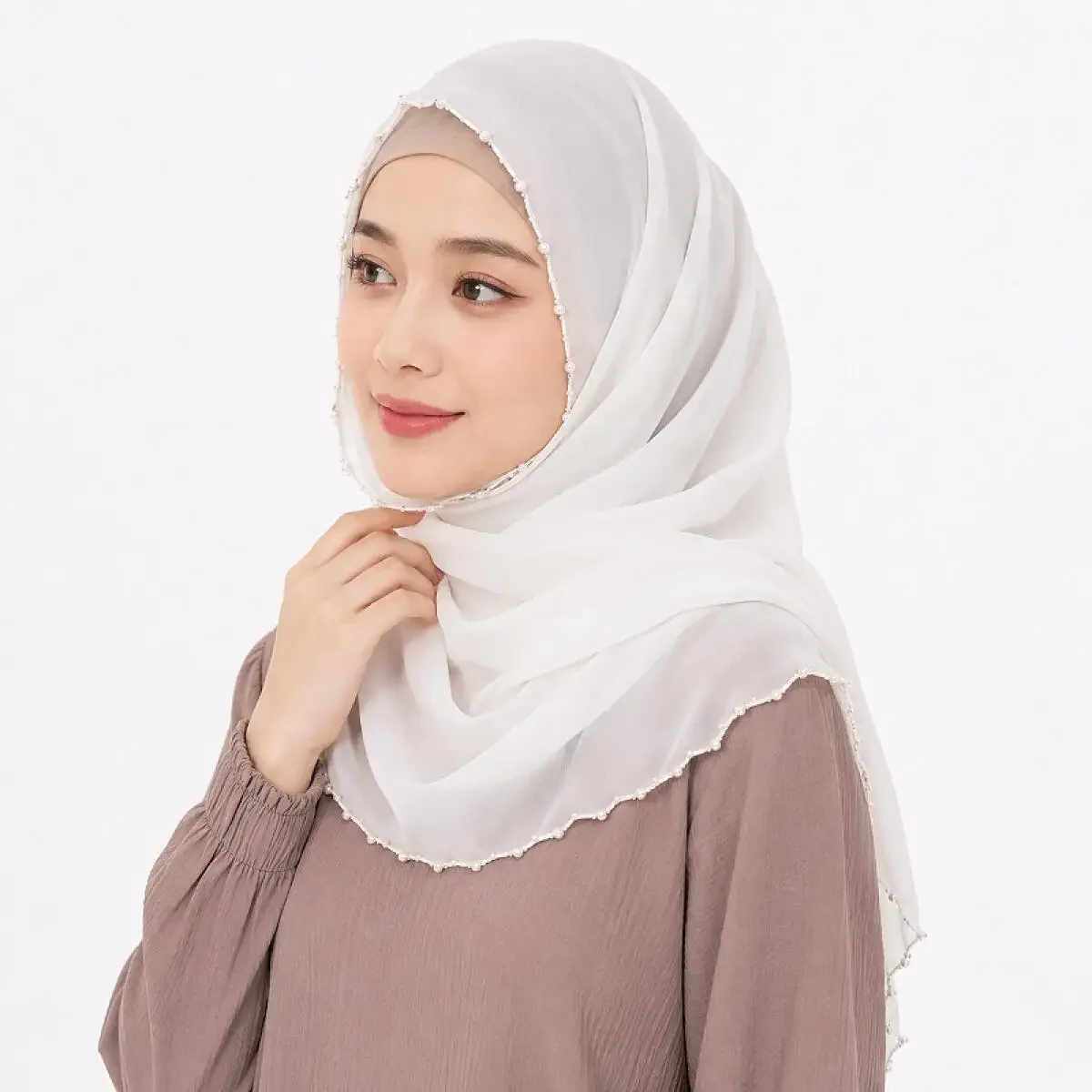 Elegant Pearl Chiffon Hijab Scarf Soft Plain Pashmina Head Wrap for Muslim Women Lightweight Daily Fashion Headscarf