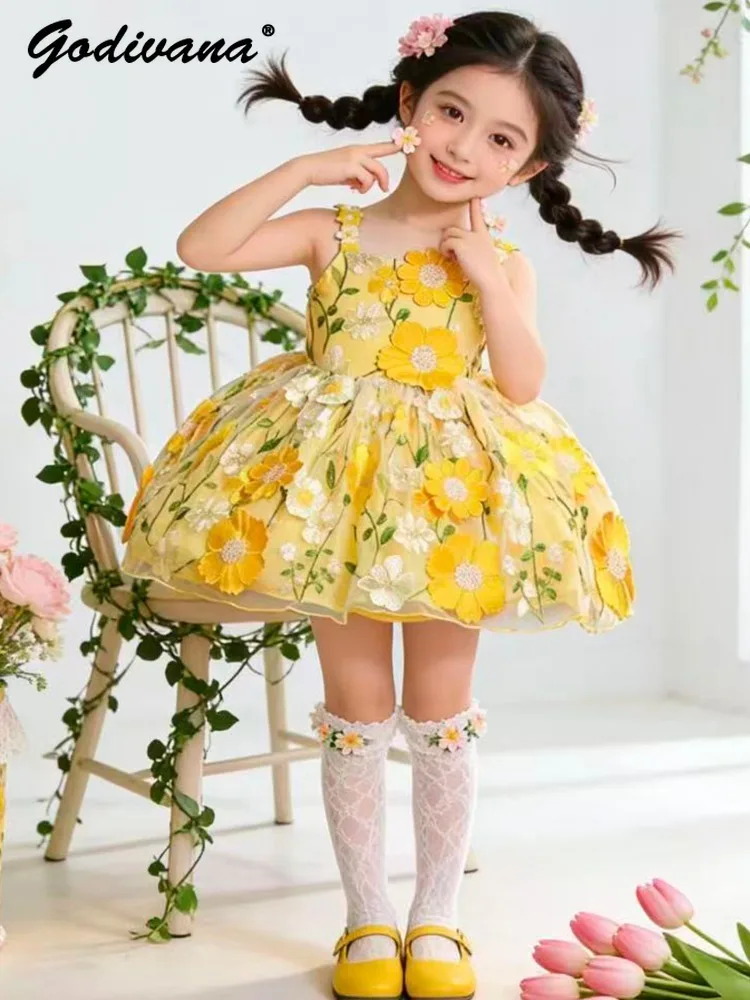 Girl Floral Tulle Lolita Dress 2026 Summer New Mori Style Sleeveless Spaghetti Strap Princess Dresses Birthday Party Ball Gown