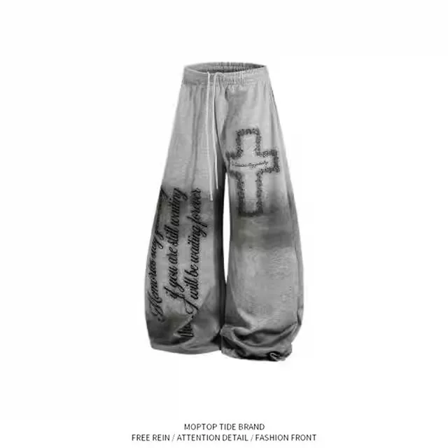 American Gothic Style Cross Blade Pants Men Women Loose Dye Casual Sports Wide Leg Long Pants Vintage Retro Dirtied Polyester...