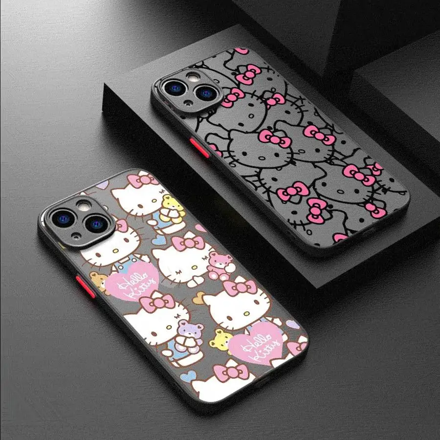 Cute Hello Kitty Case For Apple iPhone 11 15 16 14 13 12 Pro 7 XR X XS Max 8 Plus 6 6S SE 2022 15Pro Black Matte Phone Funda