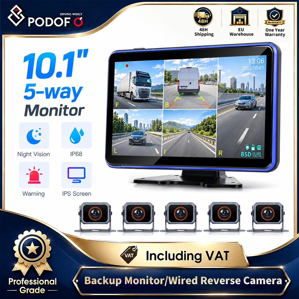 Sistema di telecamere di retromarcia cablate con schermo IPS da 10,1'' e 5 telecamere, registrazione in loop BSD DVR, impermeabile IP68, visione notturna a colori 1080P, anti-interferenza per camion,