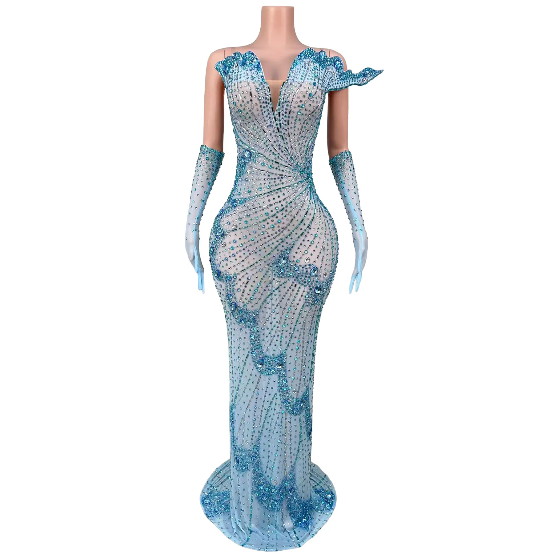 

Yudie Elegant Nude Mesh Blue Rhinestone Bodycon Long Dress Off Shoulder 3D Ruffle Edge Matching Gloves Gala Party Outfit