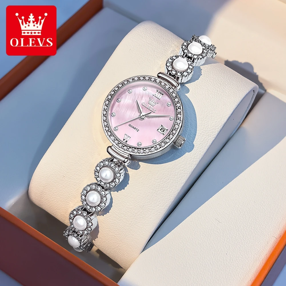 

OLEVS Women's Watches Elegant Fashion Steel Pearl Strap Small Dial Original Quartz Wristwatch for Girl Waterproof Date Trend New