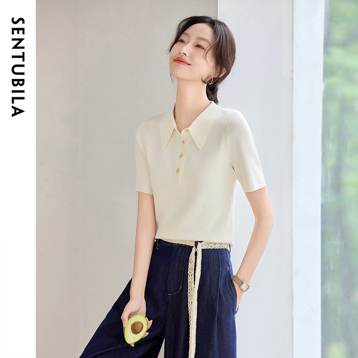 

SENTUBILA Elegant Polo Neck Pullovers Top for Woman 2025 Summer Fashion Office Lady Short Sleeve Knitted Slim Fit Tees W52H59260