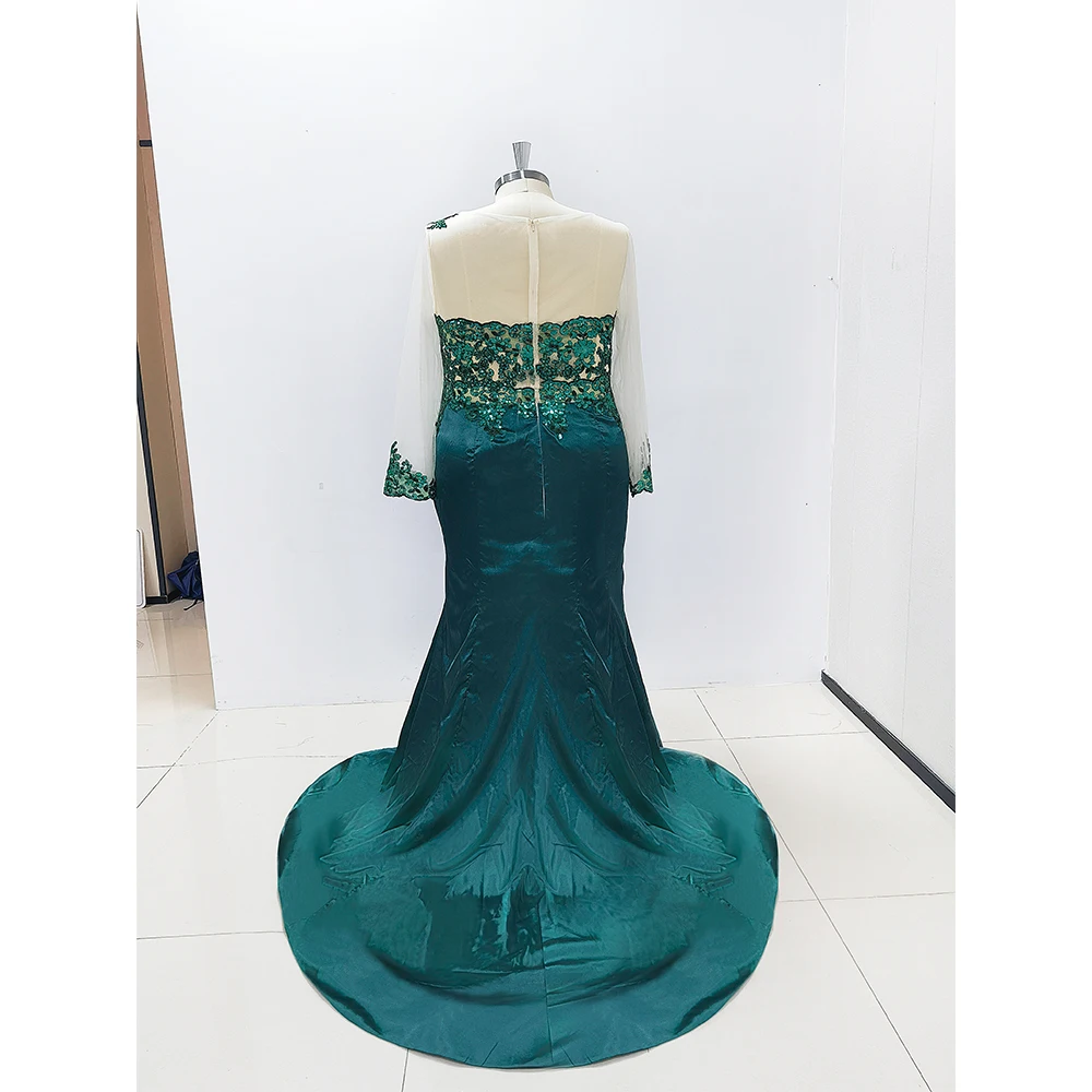 KSDN Elegant Green Prom Dress Long Sleeve Appliques Mermaid Floor Length Luxury Gown Satin Formal Occasion Party Elegant Women