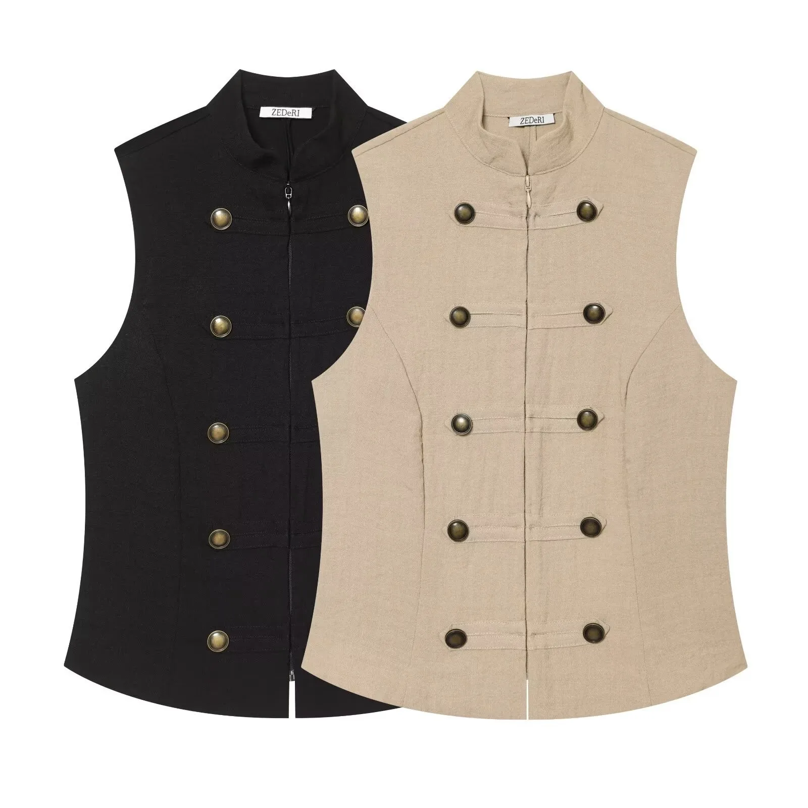 Sleeveless Double Breasted Slim Fit Vest with Wrinkle Finish Slight Stretch Casual Commuter Chic Stand Collar Summer Women Vest