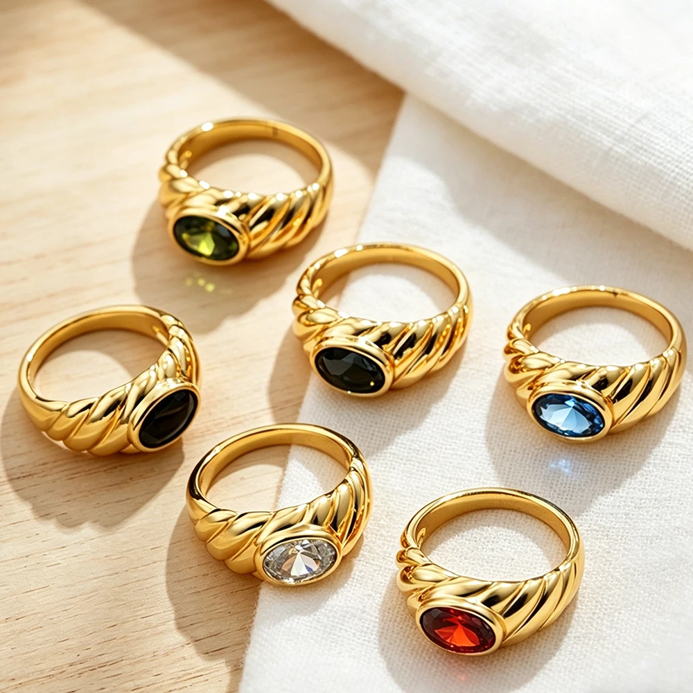 Ovaler Farbiger Zirkon-Ring für Damen Edelstahl Naturstein 18K Vergoldet Metall Glänzend Wasserdicht Party-Schmuck Geschenke