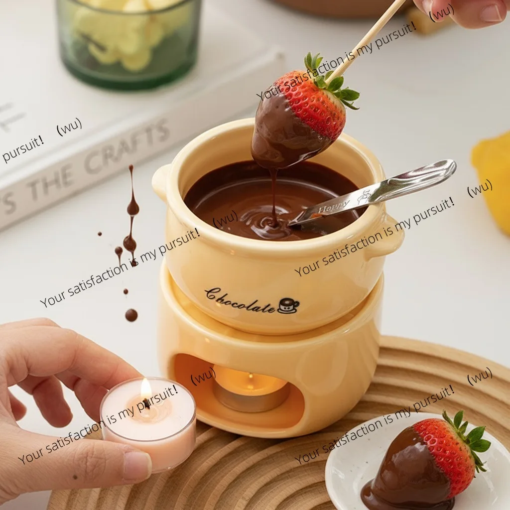 Ceramic Chocolate Melting Pot Heating Stove Household Ice Cream Fondue Cheese Fondue Candle Stove with Pot Fork