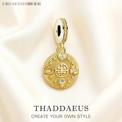 Golden Lucky Coin Charm For Women 925 Sterling Silver Vintage Pendant Pure Happiness Gift