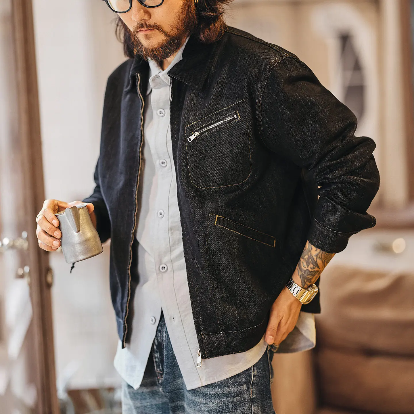 Men Black Denim Jacket Lapel Zip Up Contrast Stitch Multi Pocket Loose Casual Trucker Jacket
