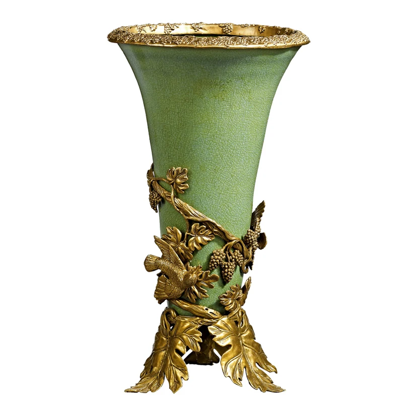 

Living room decorative ornament ceramic vase all copper round mouth countertop flower device