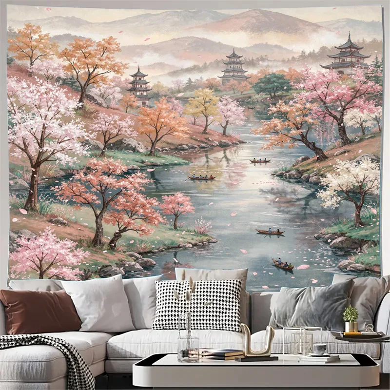 Japanese Chinese Style Cherry Blossom Spring Landscape Tapestry Wall Art Decor for Bedroom Living Room Home Scroll Mural