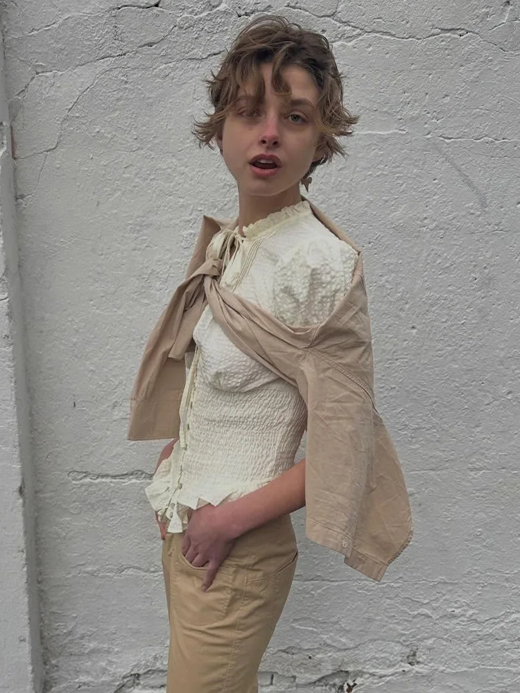 

HH Spring 2026 Women Shirt 2-Color Solid Bow Decoration Short Sleeve Single Breasted Female Versatile Pleated Elastic Blouse