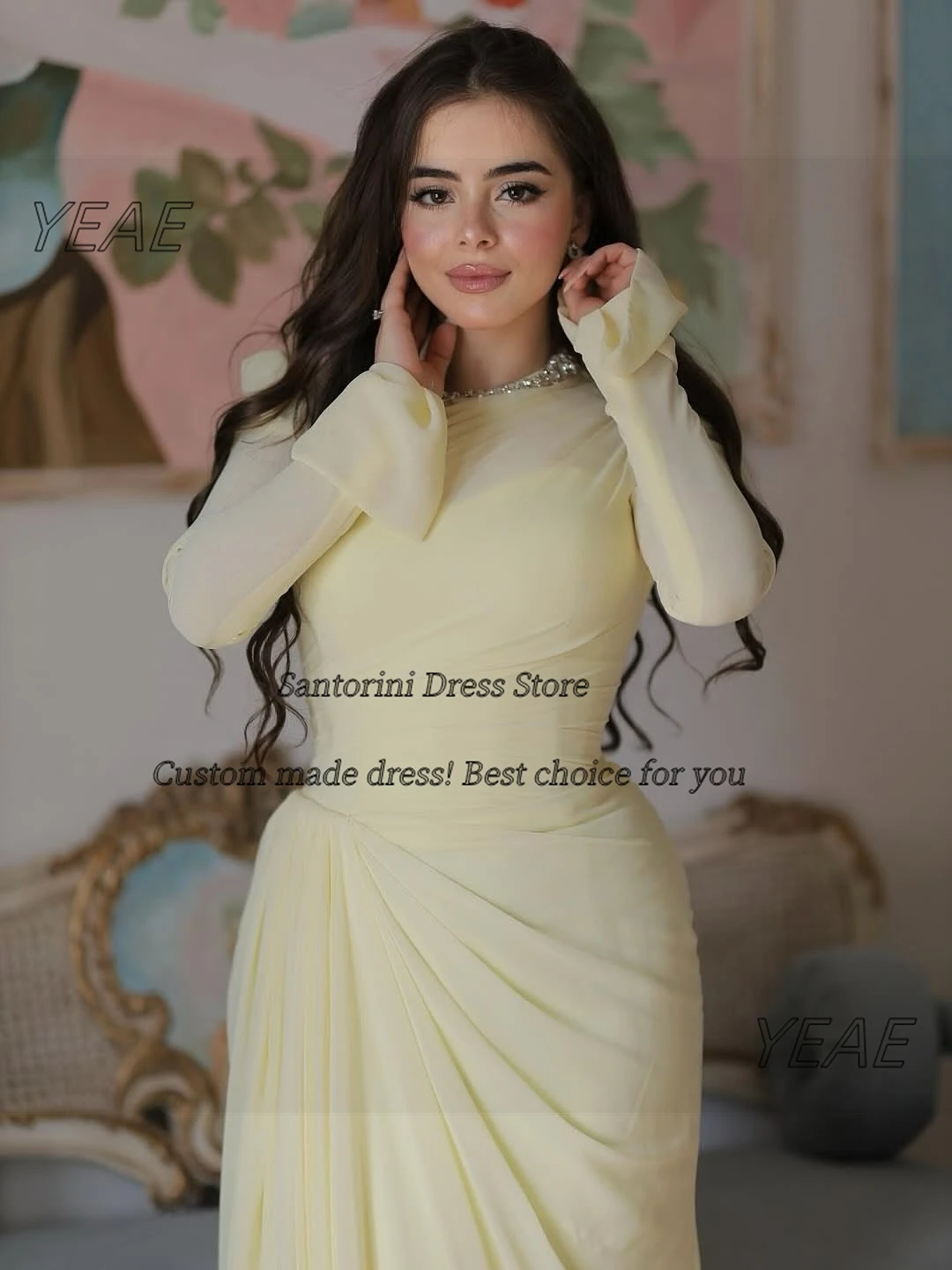 Santorini Evening Dresses Saudi Women Wear Long Sleeves Prom Dress Ruched Sweep Train Vestidos Des Noches Customized