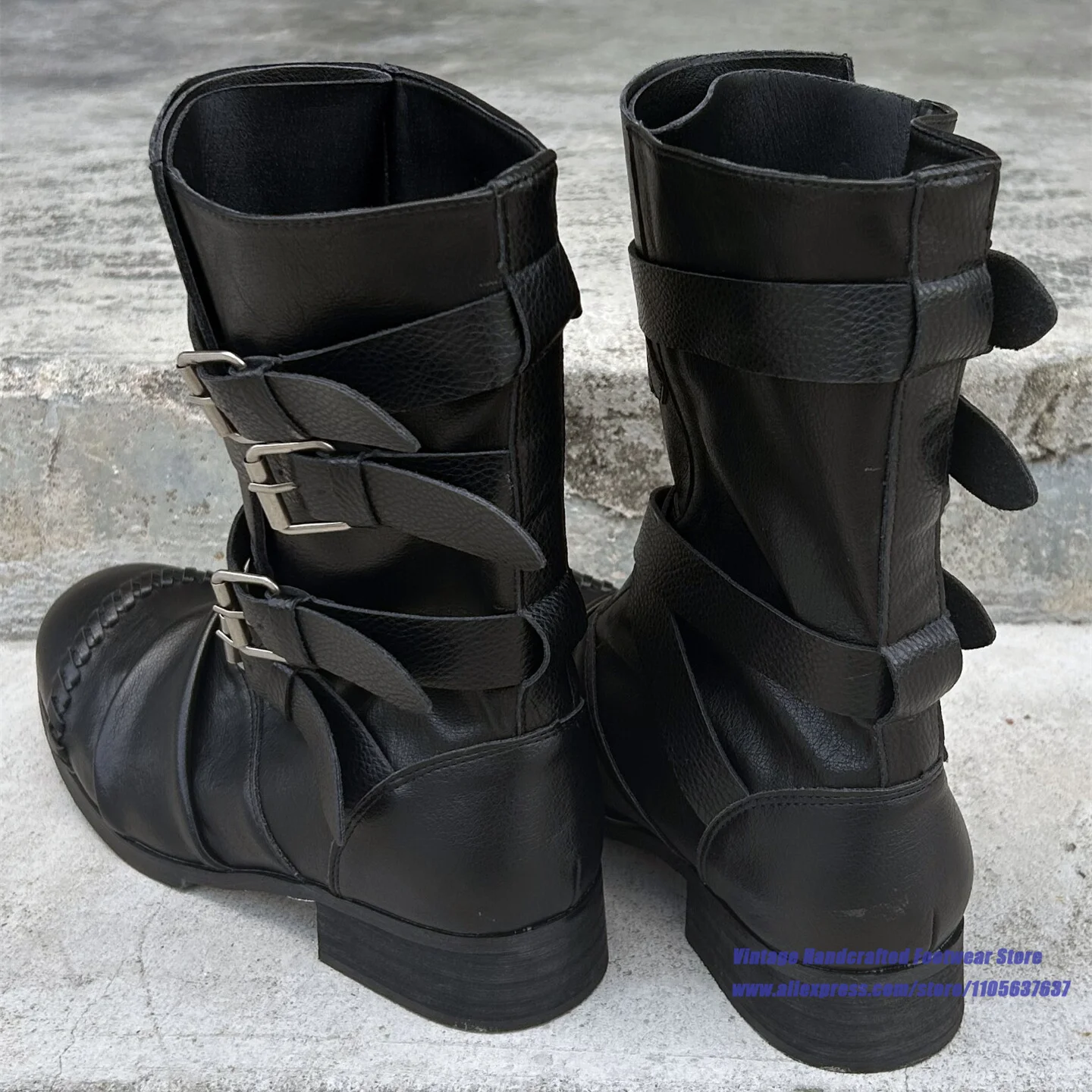 Black Leather Multi Cross Buckle Strap Ruched Men's Boots Round Toe Low Block Heel Motorcycle Ankle Boots Mid Calf Men's Shoes