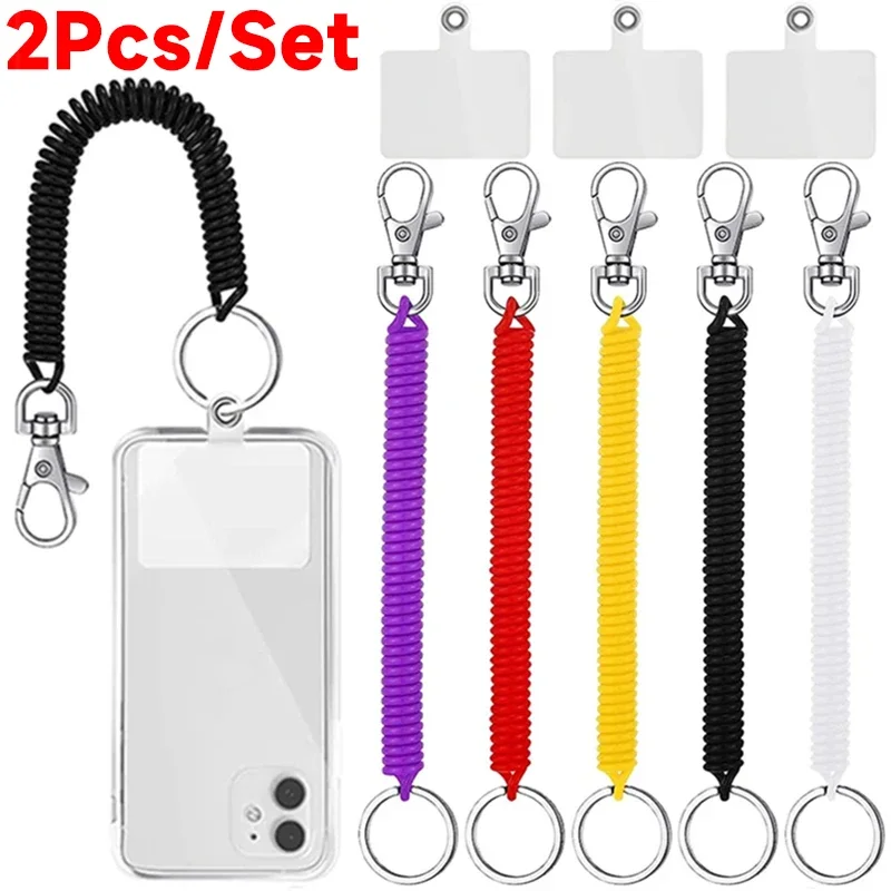 Colorful Elastic Spring Ropes with Card Anti-Lost Retractable Spiral Elastic Keychain Strap Lanyard for Iphone 15 14 Pro Samsung