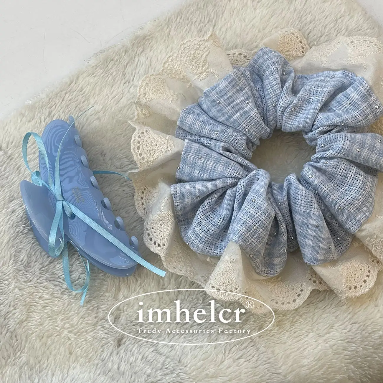 Cream Blue Color Hair Scrunchies Double Layer Lace Trim Hair Ties Drill Decor Women Ponytail Holder Sweet Hair Bands Headwear