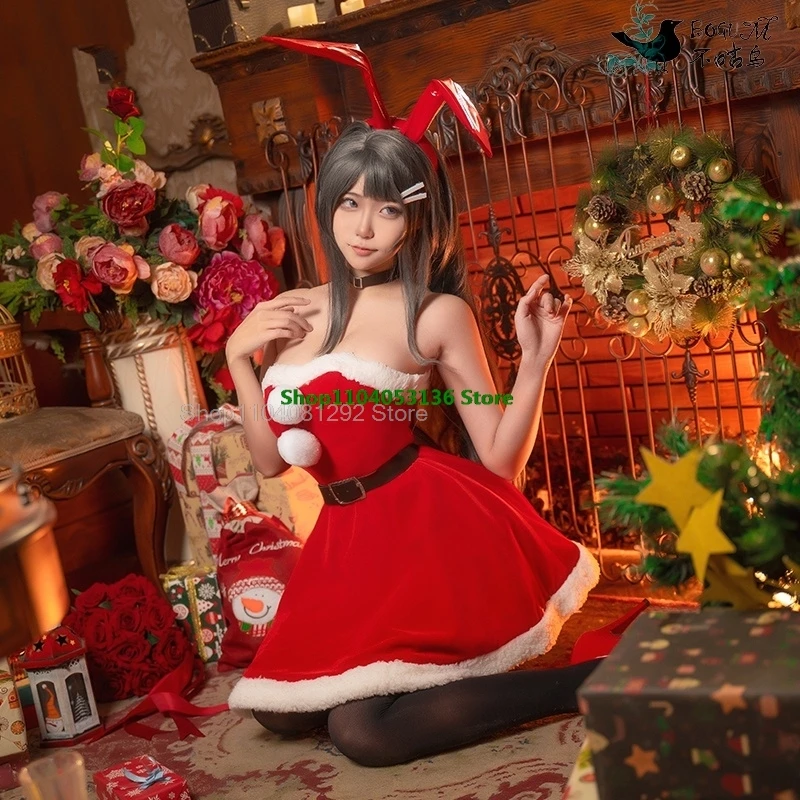 Anime Christmas Cosplay Sakurajima Mai Costume Costume Women Red Sexy Lolita Bunny Girl Rabbit Velvet Cos Woman Girls Halloween