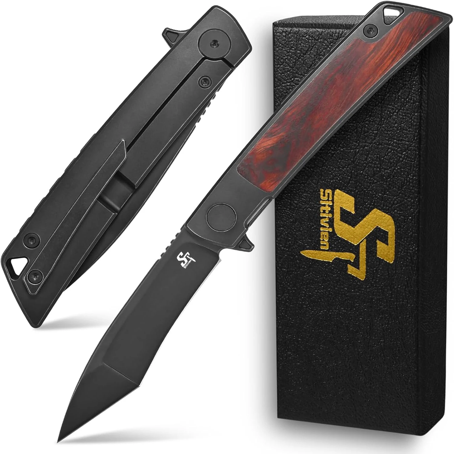 Sitivien ST777 Folding Knife,Handmade M390 Black Stonewashed Steel Blade,Titanium & Carbon Fiber Handle Outdoor EDC Tool Knife