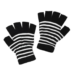 1Pair Black Stripe Half Finger Fingerless Gloves for Women and Men Knit Wrist Cotton Winter Warm Outdoor Gothic Lolita Mittens