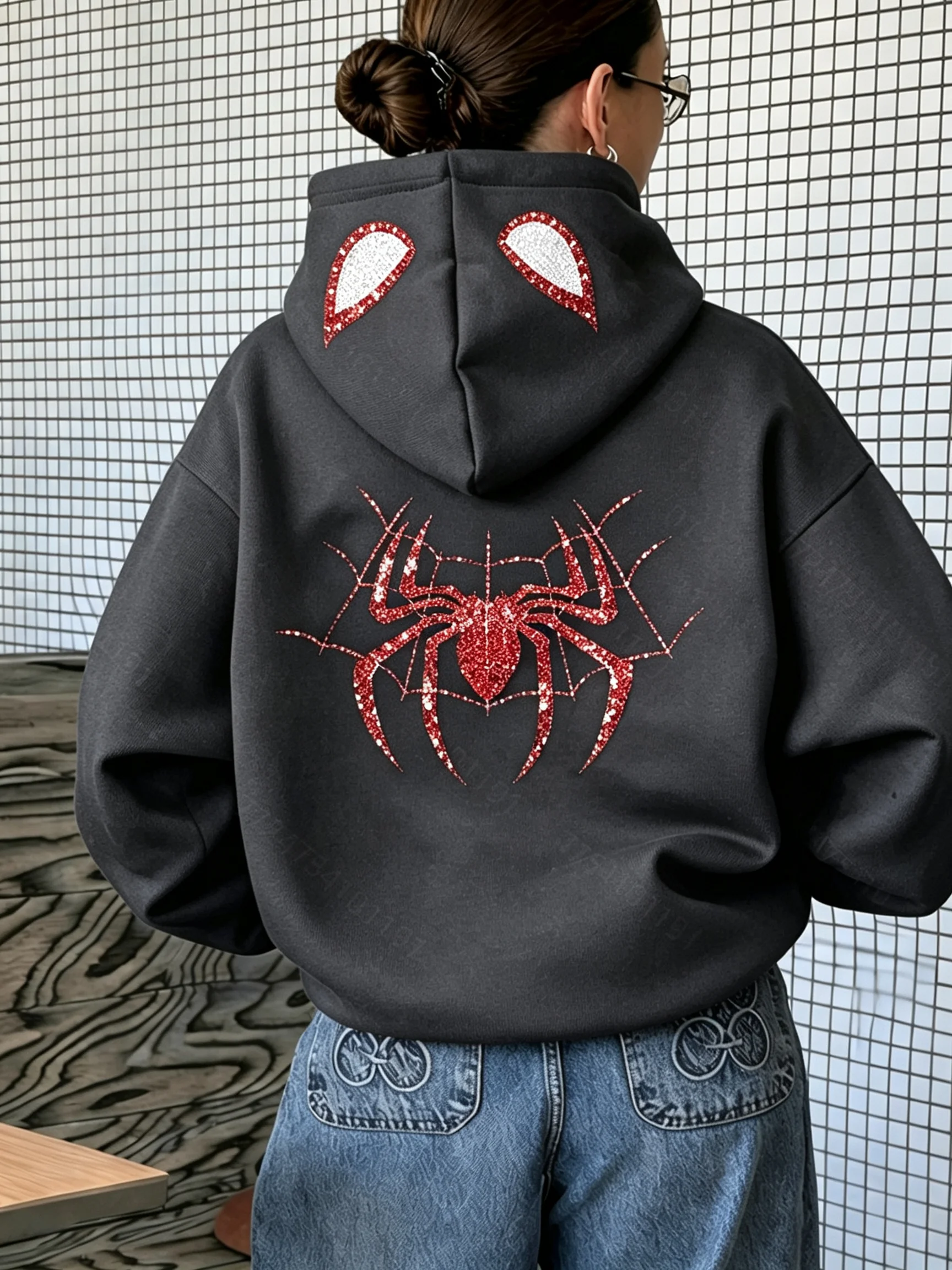 2026 new Women Spider Graphic Print Hoodie Long Sleeve Casual Hooded Sweatshirt Fashion Streetwear Pullover Tops For Ladies