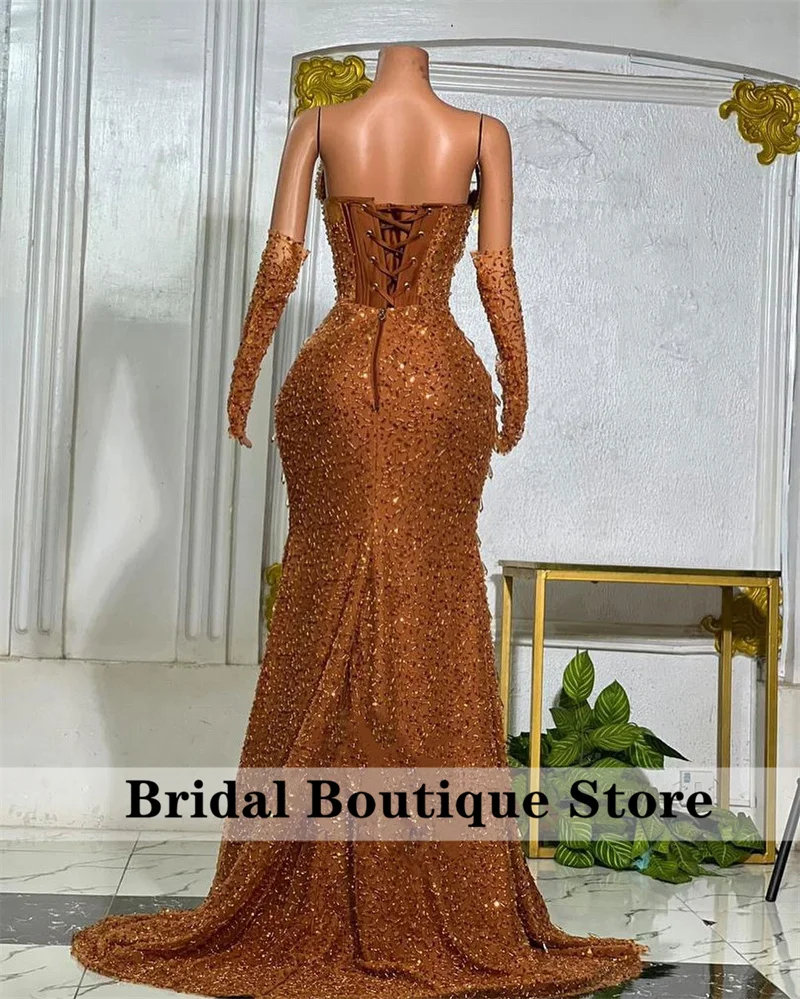 Sexy Sparkly Gold Prom Dress Sweetheart With Sleeves Side Split Beading Crystals Birthday Party Evening Gowns Wedding Customized